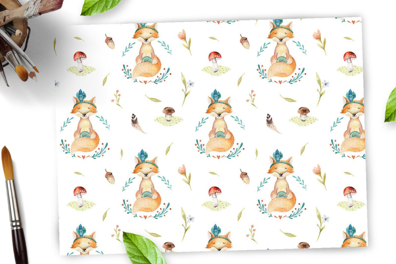 watercolor-boho-forest-animals-scrapbook-paper-fox-bear-deer-pattern