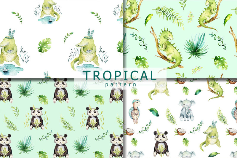 watercolor-hand-painted-cute-tropical-animals-seamless-digital-pattern