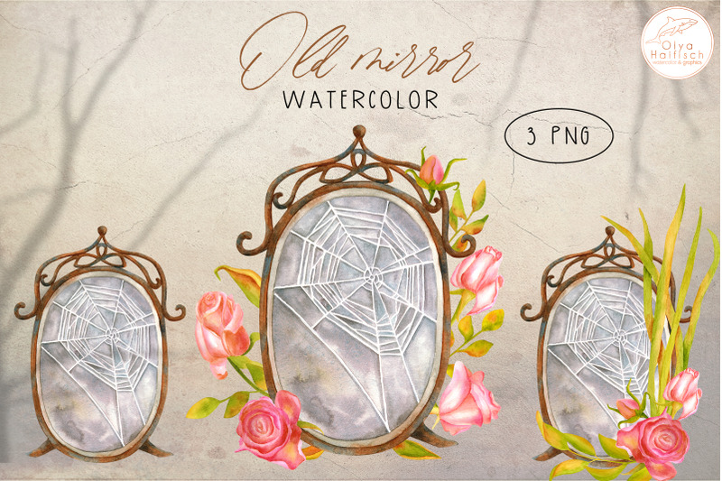 watercolor-old-broken-mirror-clipart-vintage-gothic-halloween-png