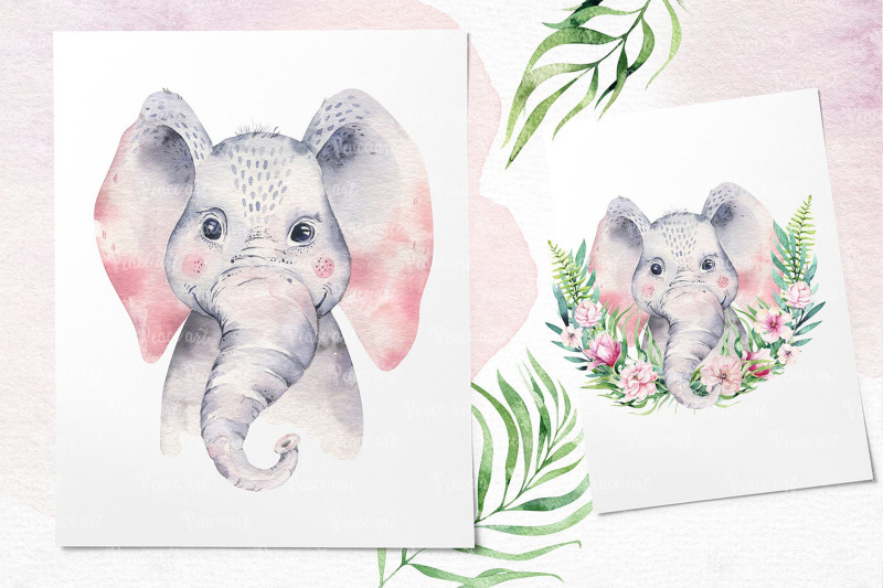 watercolor-baby-nursery-tropical-elephant-animals-digital-clipart