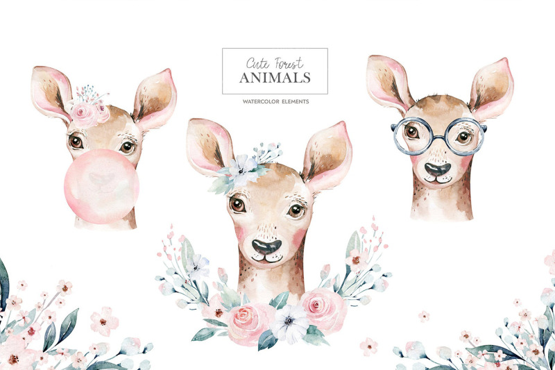 watercolor-woodland-deer-animals-portrait-clipart-baby-nursery-forest