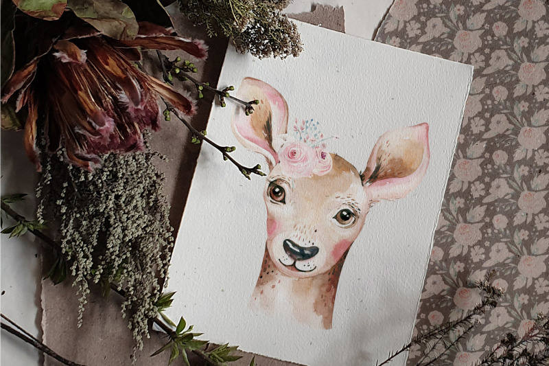 watercolor-woodland-deer-animals-portrait-clipart-baby-nursery-forest