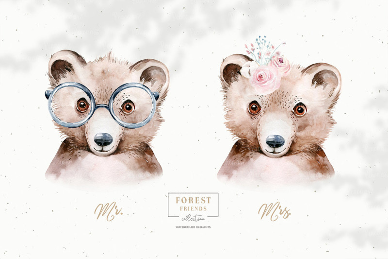 watercolor-woodland-bear-animals-portrait-clipart-baby-nursery-forest