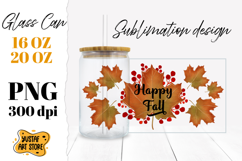 happy-fall-glass-can-sublimation-fall-maple-leaves-illustration