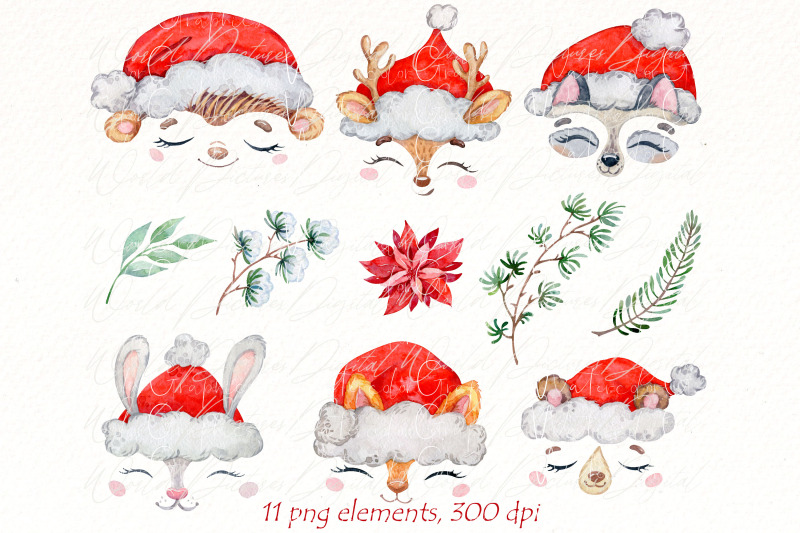 christmas-cute-animal-clipart-watercolor-animal-faces-png