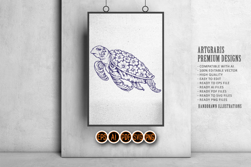 turtle-floral-classic-ornament-monochrome-svg