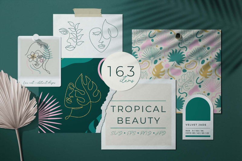 tropical-velvet-jade-beauty-line-and-flat-art-clipart-collection