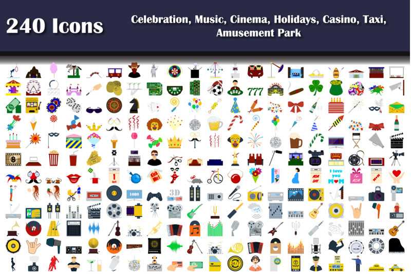 240-icons-of-celebration-music-cinema-holidays-casino-taxi-amuse
