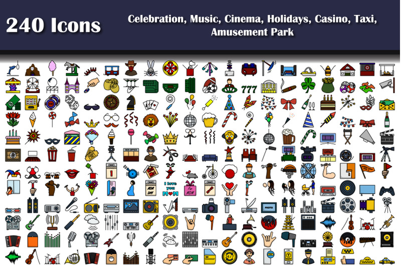 240-icons-of-celebration-music-cinema-holidays-casino-taxi-amuse