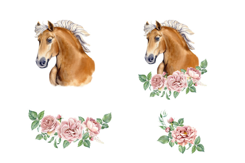 watercolor-horse-clipart-with-flowers-horse-digital-art
