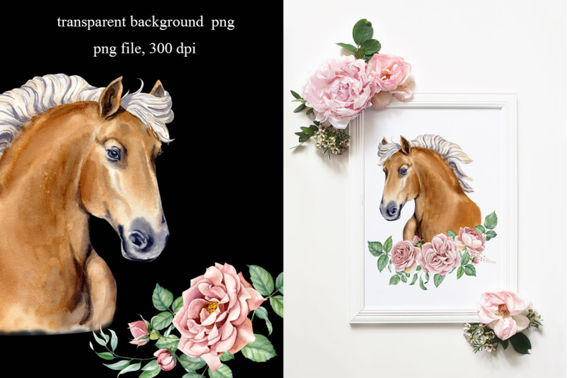 watercolor-horse-clipart-with-flowers-horse-digital-art