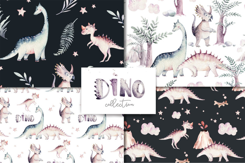 watercolor-baby-mother-nursery-dinosaur-digital-seamless-patterns
