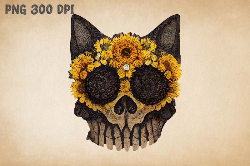 black-cat-skull-and-sunflowers