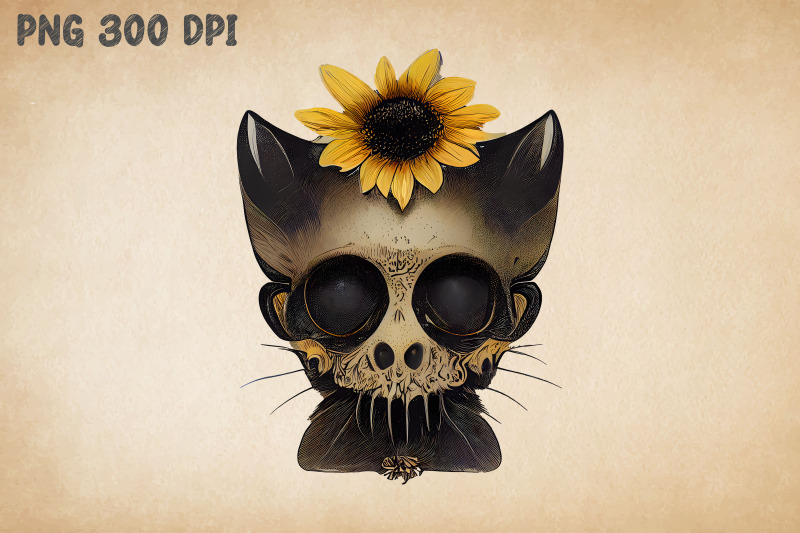 black-cat-combine-with-skull-and-flower