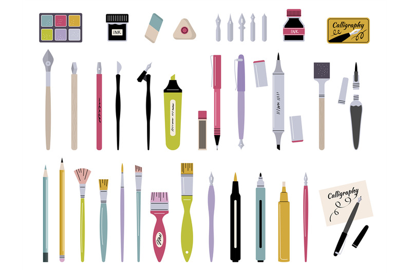 stationery-for-artists-brushes-pencils-acrylic-bottles-with-liquid-pa