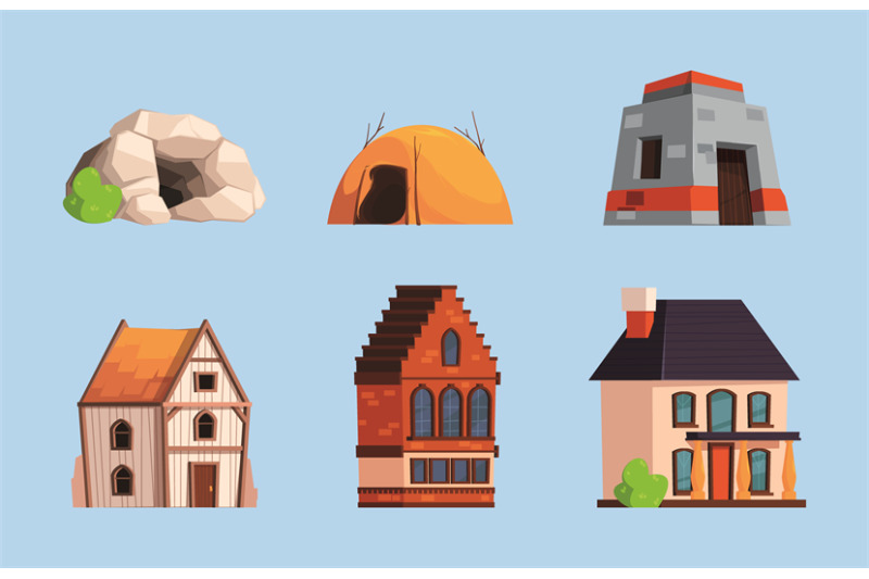 building-evolution-simple-rock-cave-wooden-houses-architectural-ages