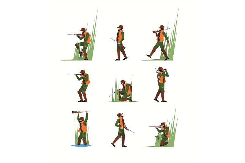 hunter-with-rifle-shotgun-man-hunting-standing-in-action-poses-holdin