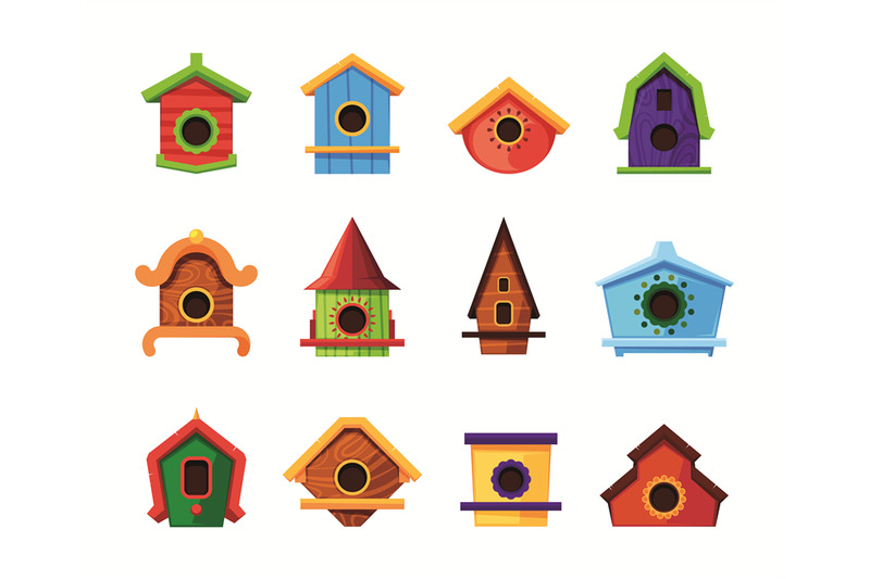 colored-bird-houses-wooden-roofed-living-containers-for-flying-birds