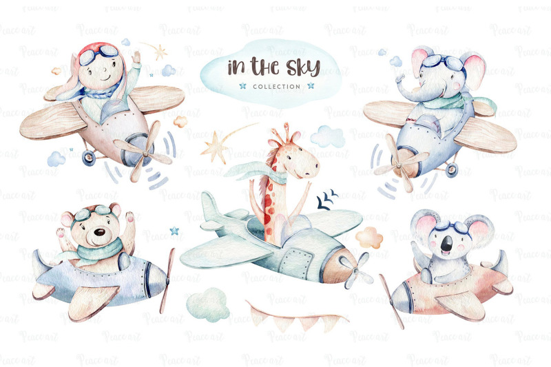 watercolor-baby-boy-airplane-sky-balloon-clipart-kid-plane-toy-air
