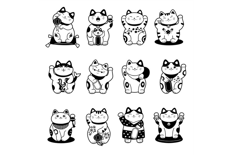 asian-cat-stylized-monochrome-labels-of-maneki-neko-traditional-asian