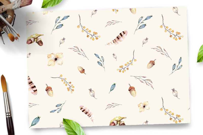 watercolor-boho-forest-pattern-scrapbook-paper-acorn-leaves-feather