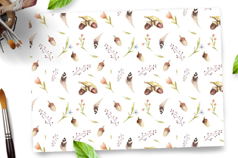 watercolor-boho-forest-pattern-scrapbook-paper-acorn-leaves-feather