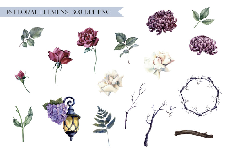 watercolor-mystical-clipart-scull-gothic-flowers-png