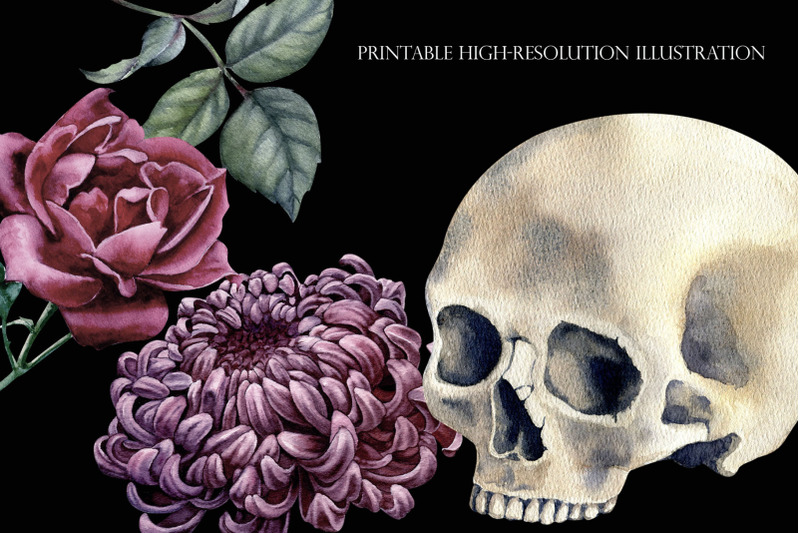 watercolor-mystical-clipart-scull-gothic-flowers-png