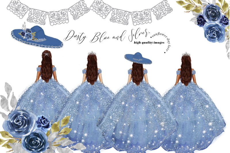 Dusty Blue Princess Dresses Clipart, Dusty Blue Silver Quinceaera By ...