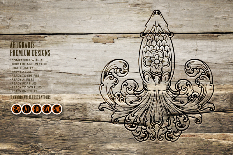 monochrome-octopus-vintage-swirls-ornament-svg