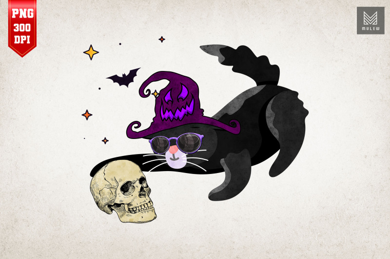 black-cat-playing-human-skeleton-skull