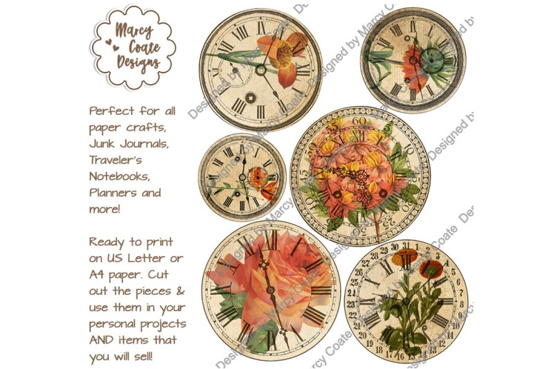 vintage-floral-clocks-orange-flowers-ephemera-collage-sheet