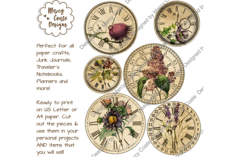 vintage-floral-clocks-purple-flowers-ephemera-collage-sheet