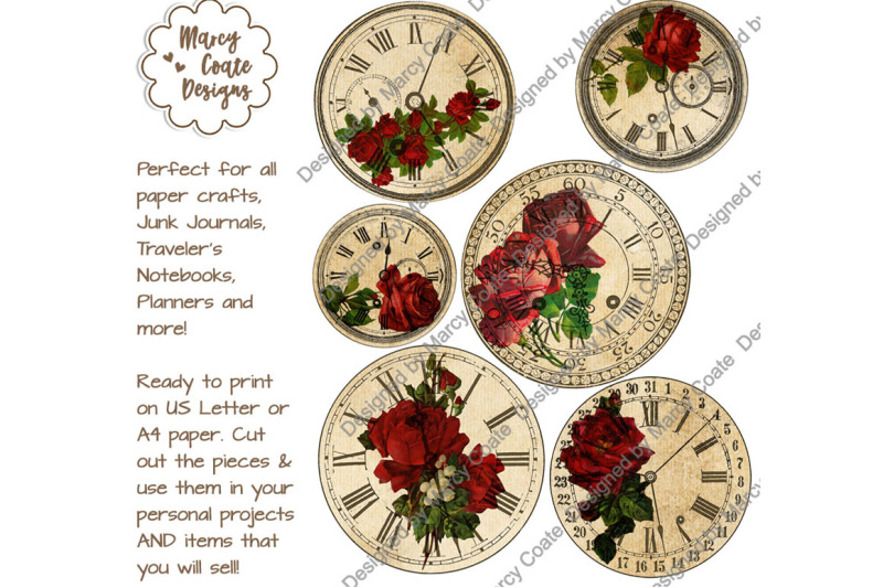 vintage-floral-clocks-red-flowers-ephemera-collage-sheet
