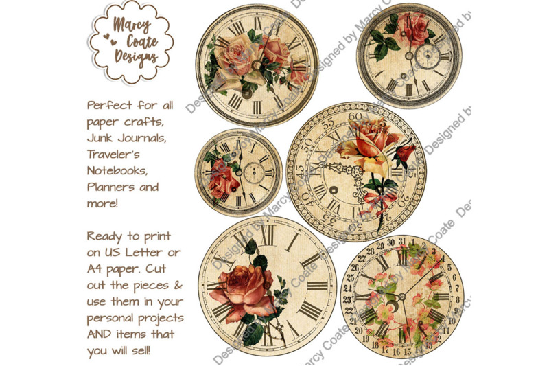 vintage-floral-clocks-pink-flowers-ephemera-collage-sheet