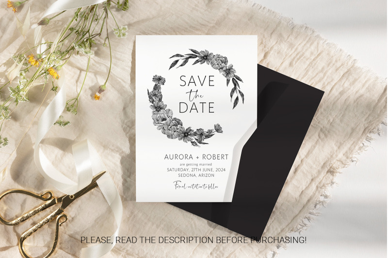 electronic-floral-save-the-date-invitation-phone-template-canva-black