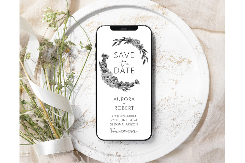 electronic-floral-save-the-date-invitation-phone-template-canva-black