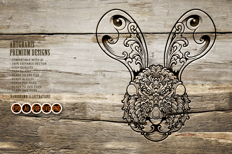 silhouette-floral-head-bunny-vintage-ornament-svg