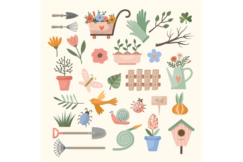 spring-decorative-elements-gardening-tools-bushes-leaves-plants-branc