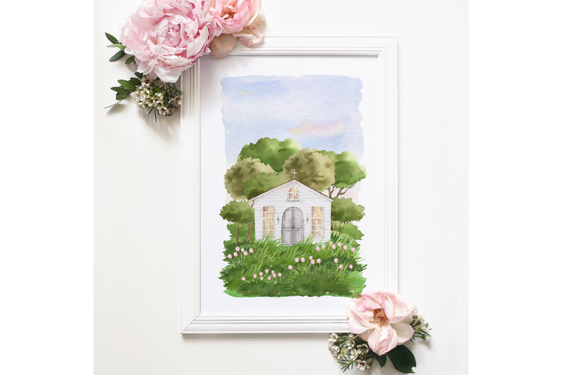 summer-wedding-watercolor-church-village-cottage-clipart