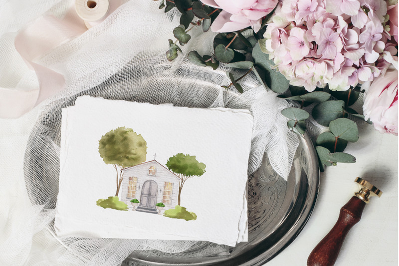 summer-wedding-watercolor-church-village-cottage-clipart