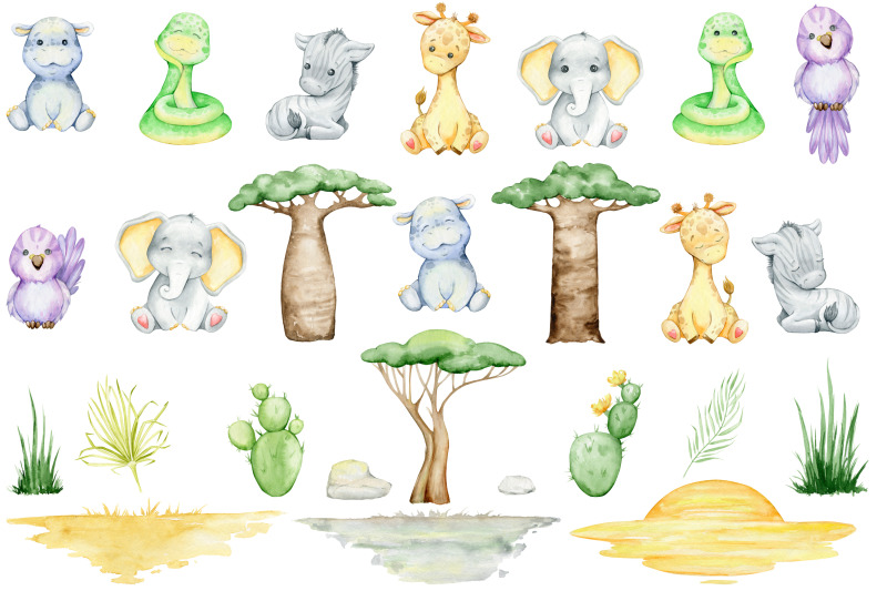 animals-of-africa-baby-watercolor-set-of-png-cliparts-hippo-zebra