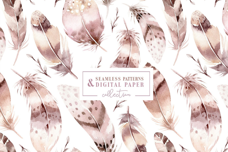 watercolor-boho-feathers-scrapbook-digital-paper-pack-background-patte