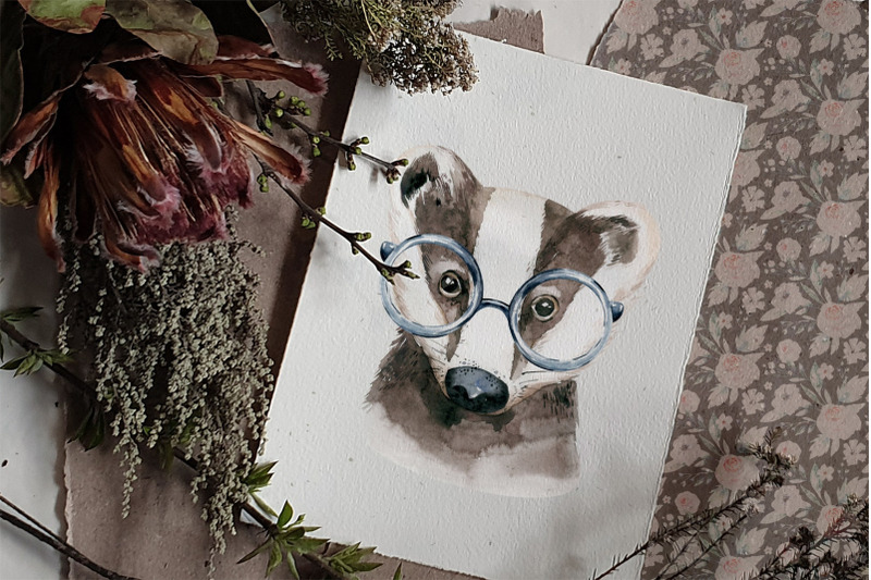 watercolor-woodland-badger-animals-portrait-clipart