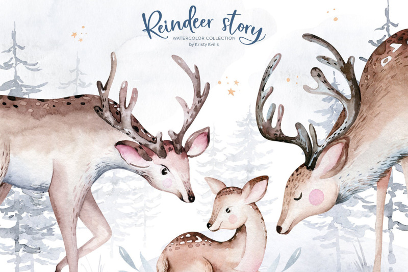 watercolor-reindeer-clipart-set-deer-forest-fern-png-elements