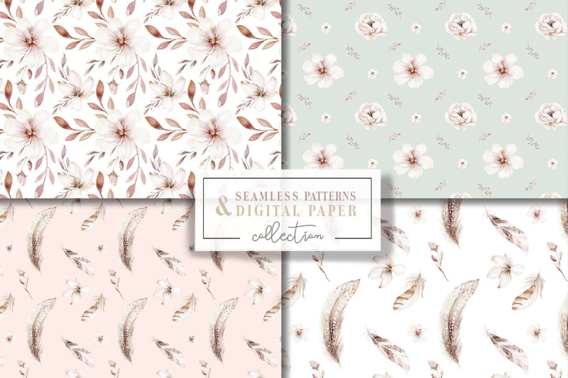 watercolor-boho-feathers-and-flowers-scrapbook-digital-paper-pack