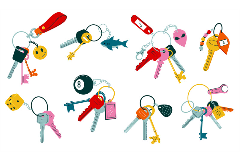 doodle-keychains-vintage-and-modern-keys-with-different-heads-keyring