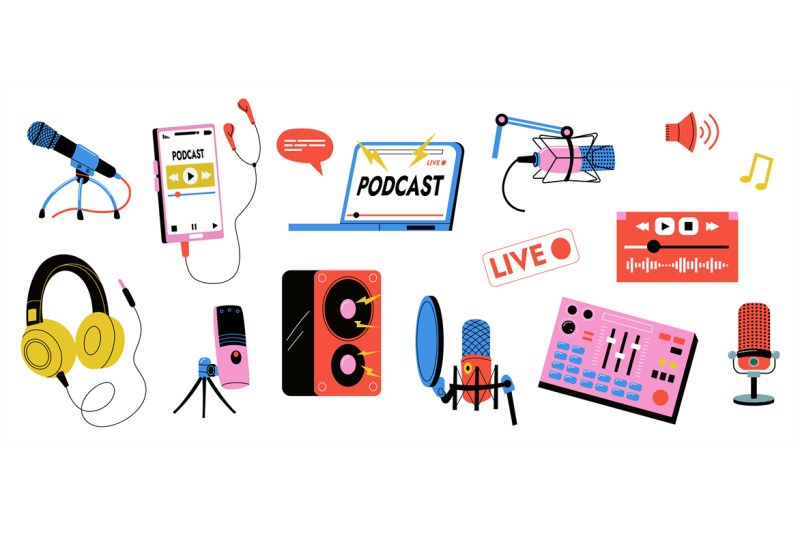 podcast-recording-collection-microphone-laptop-camera-headphone-keybo