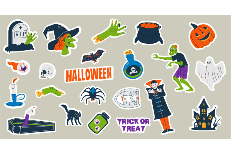 halloween-stickers-cute-cartoon-scary-traditional-characters-trick-o