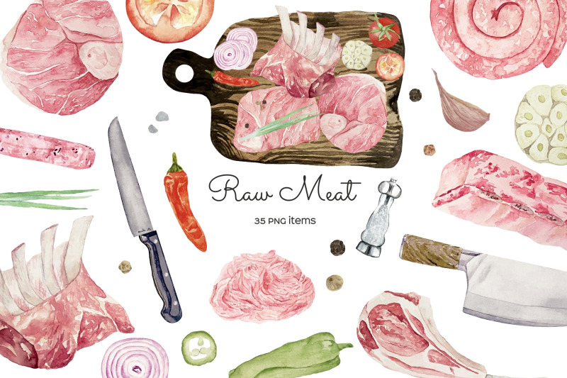 watercolor-raw-meat-clipart-fresh-meat-slice-illustration